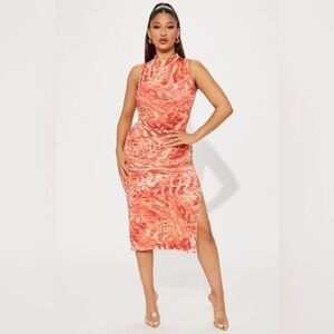 NWT Fashion Nova Carmen Mesh Midi Dress Orange Bodycon Size Small